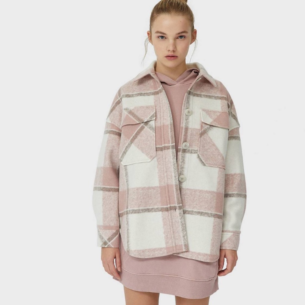 Stradivarius recycled polyester shacket in pink plaid